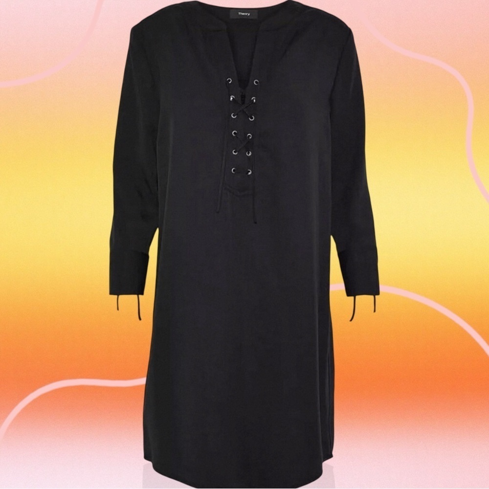 Theory ‘Jullitah’ Lightweight Tencel Lace-Up Detail Mini Dress in Black Size 8